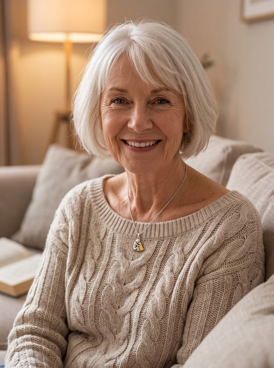 Woman wearing the Eternal Hug Necklace over a knitted jumper