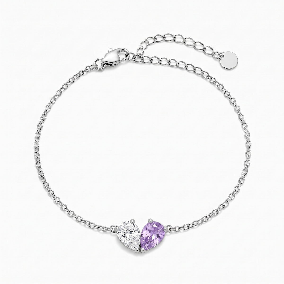 Elora Bracelet in silver, two teardrop birthstones forming a heart