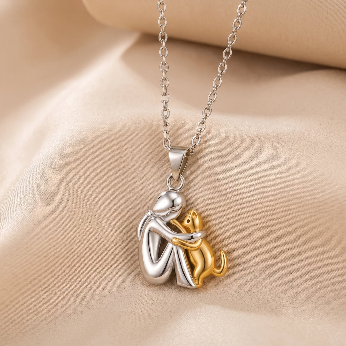Eternal Hug Necklace, woman and cat pendant in gold