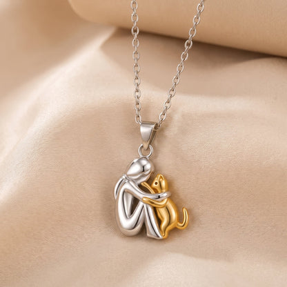 Eternal Hug Necklace, woman and cat pendant in gold