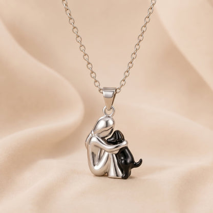 Eternal Hug Necklace, woman and dog pendant in black