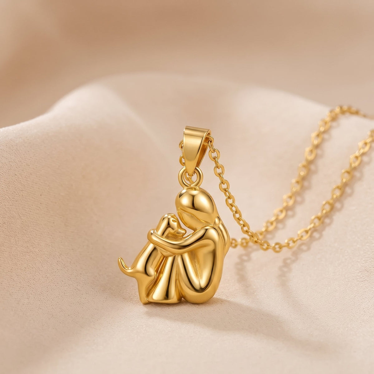 Eternal Hug Necklace, woman and dog pendant in full gold