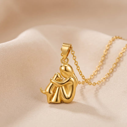 Eternal Hug Necklace, woman and dog pendant in full gold