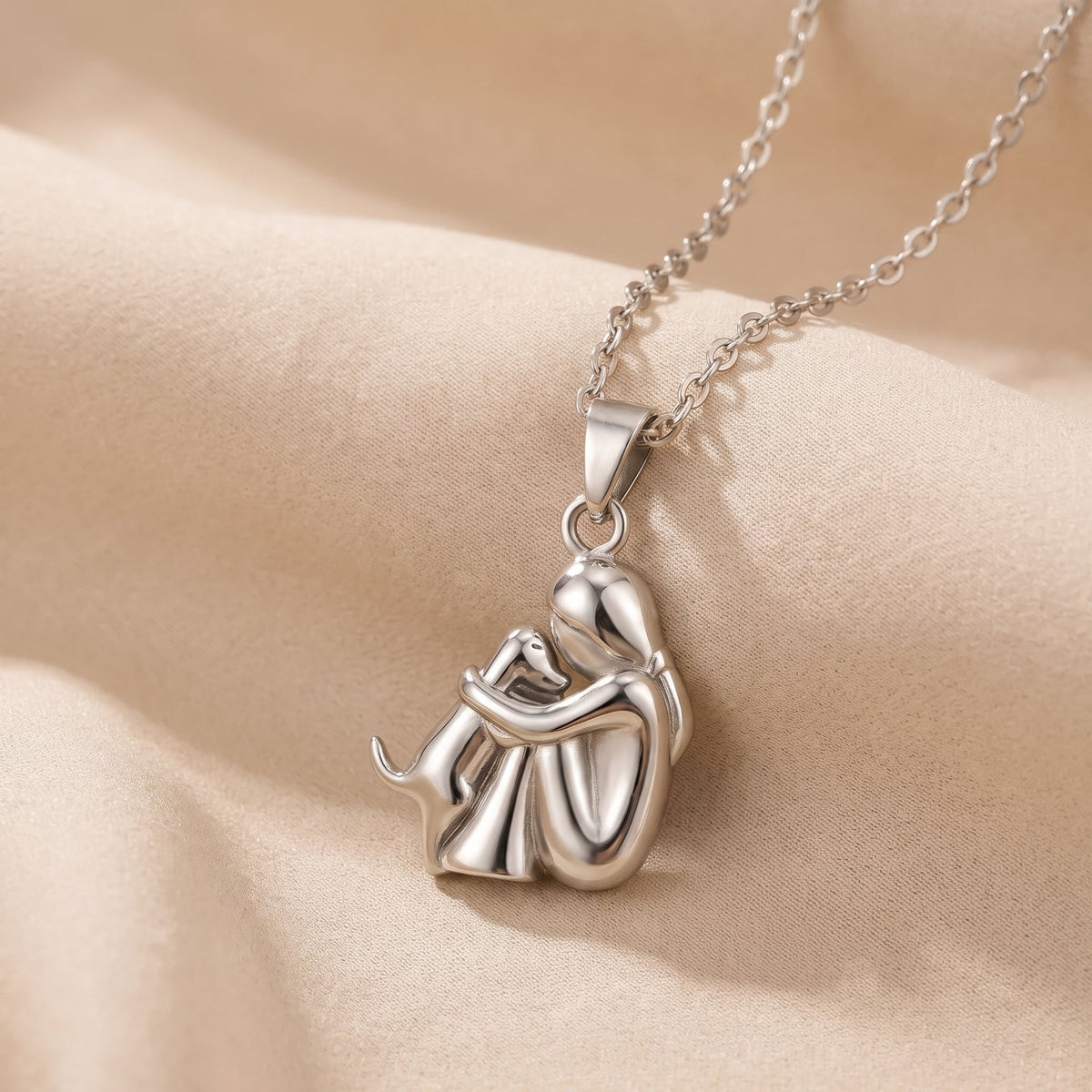 Eternal Hug Necklace, woman and dog pendant in silver