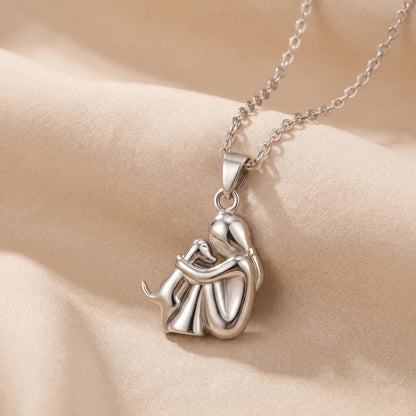 Eternal Hug Necklace, woman and dog pendant in silver