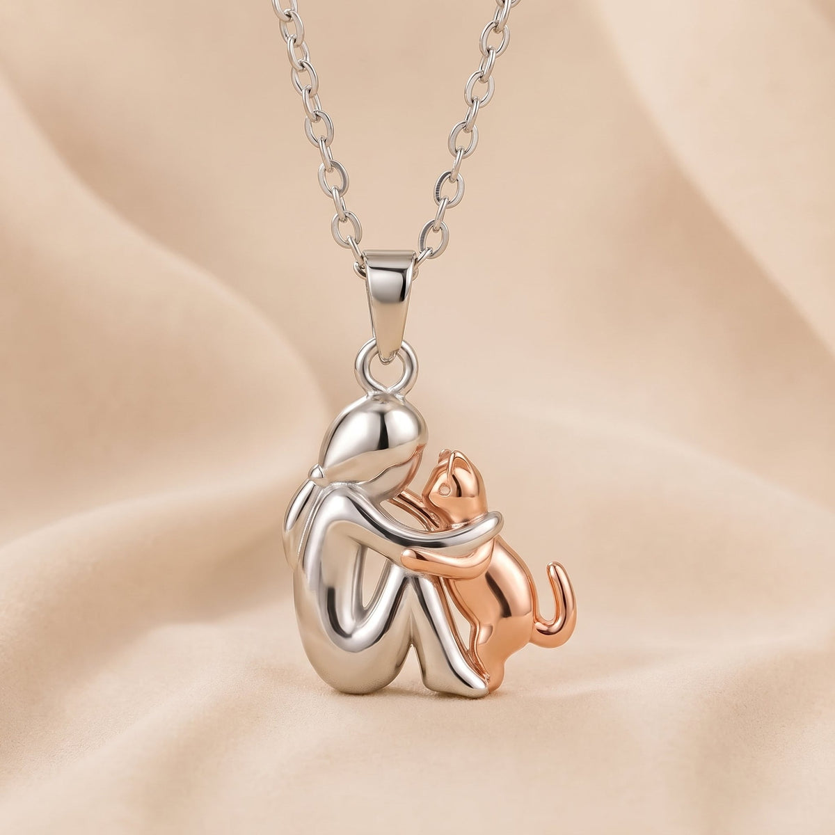 Eternal Hug Necklace, woman and cat pendant in rose gold
