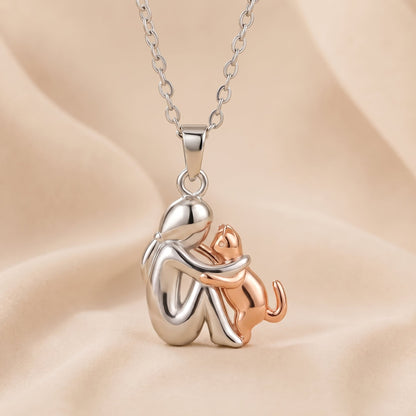 Eternal Hug Necklace, woman and cat pendant in rose gold