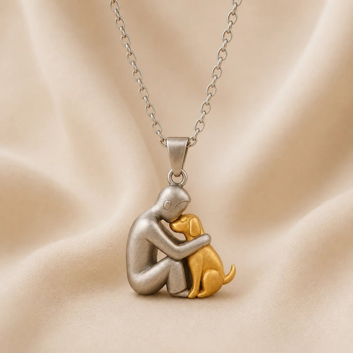 Eternal Hug Necklace, man and dog pendant in gold