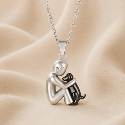 Eternal Hug Necklace, man and dog pendant in black