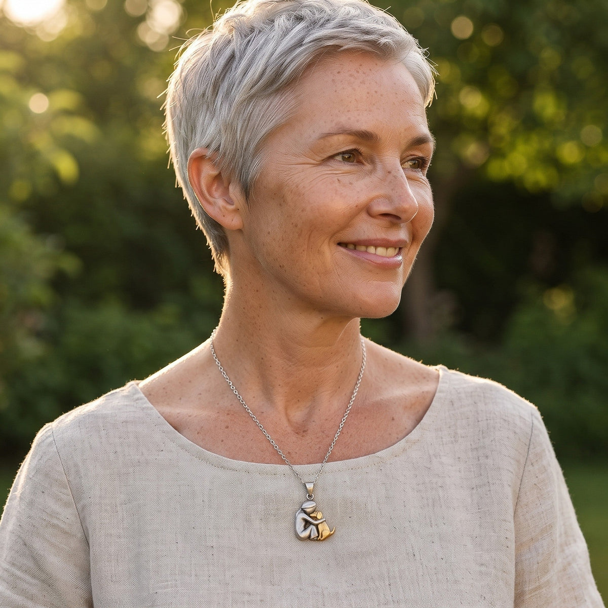 Woman wearing the Eternal Hug Necklace outdoors