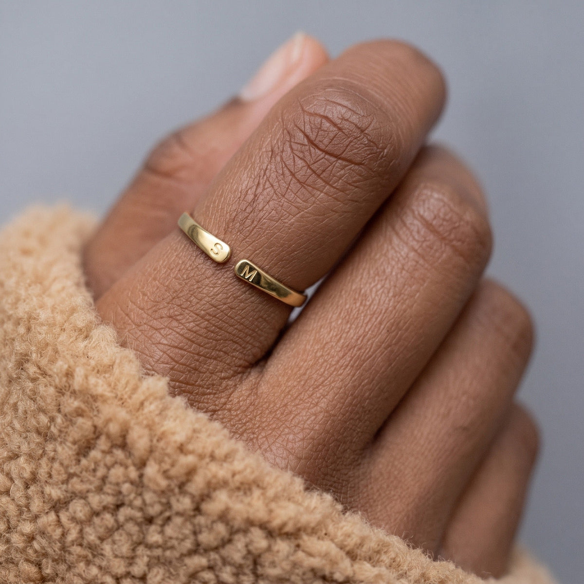 Gold Duo Initials Ring worn every day