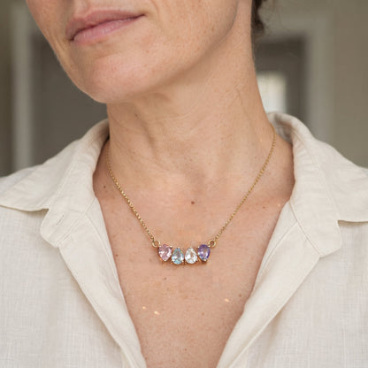 Kindred Necklace worn, five birthstones