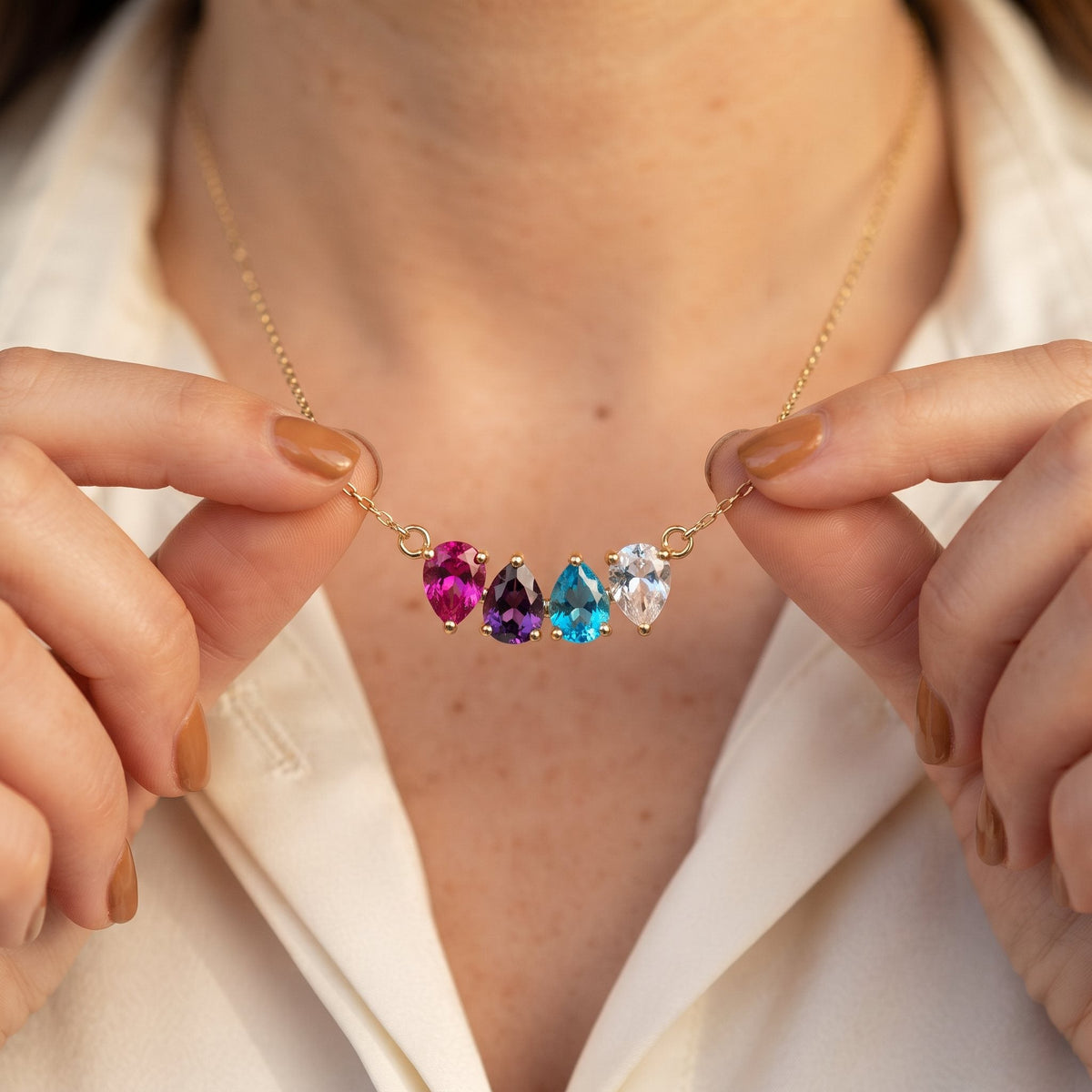 Kindred Necklace worn, four birthstones