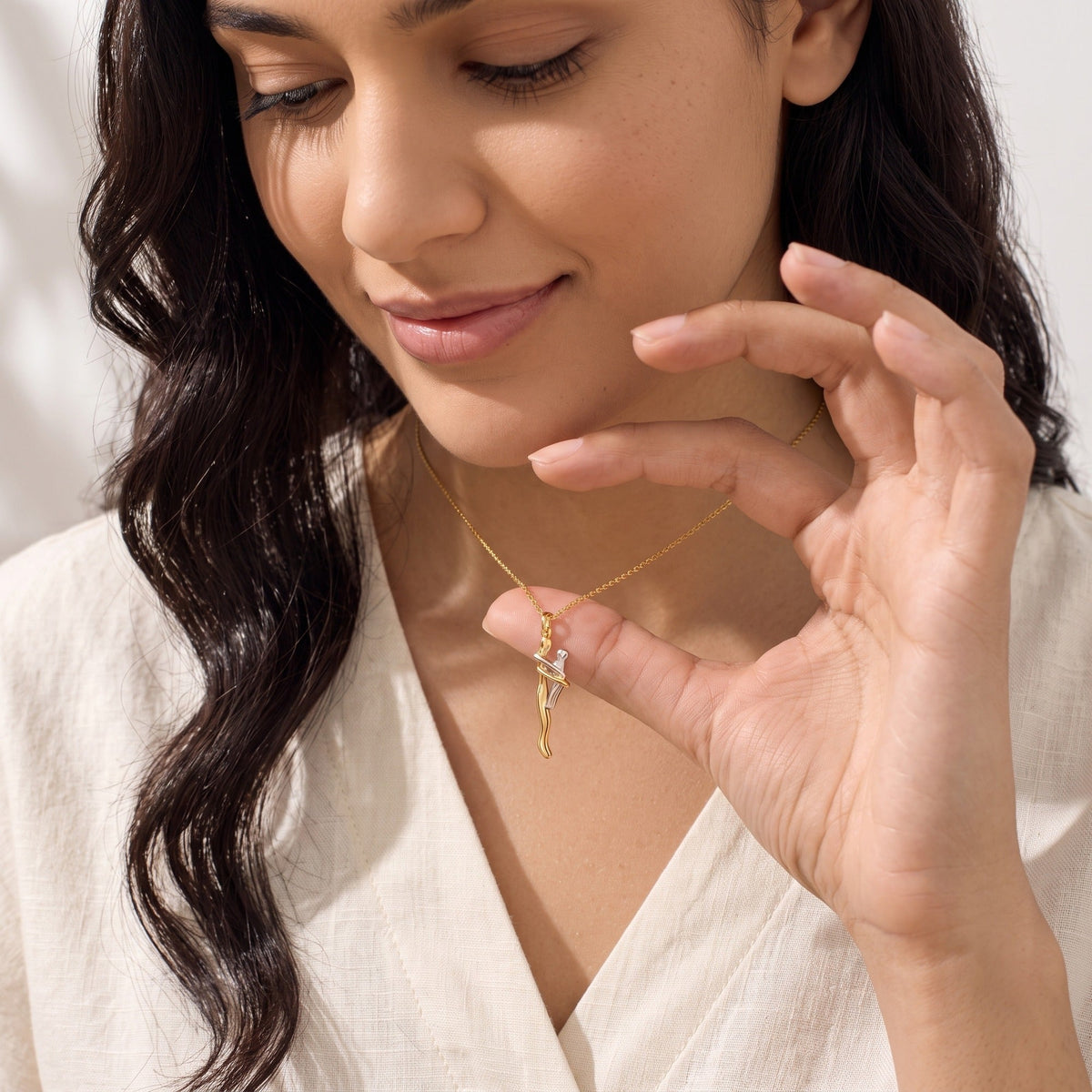 Woman wearing the Mother & Child Necklace